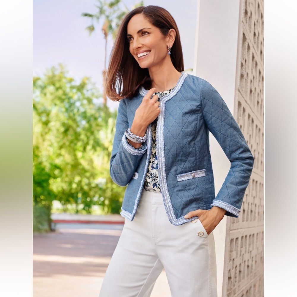 Talbots Fringe Quilted Chambray Jacket Size 12 NEW